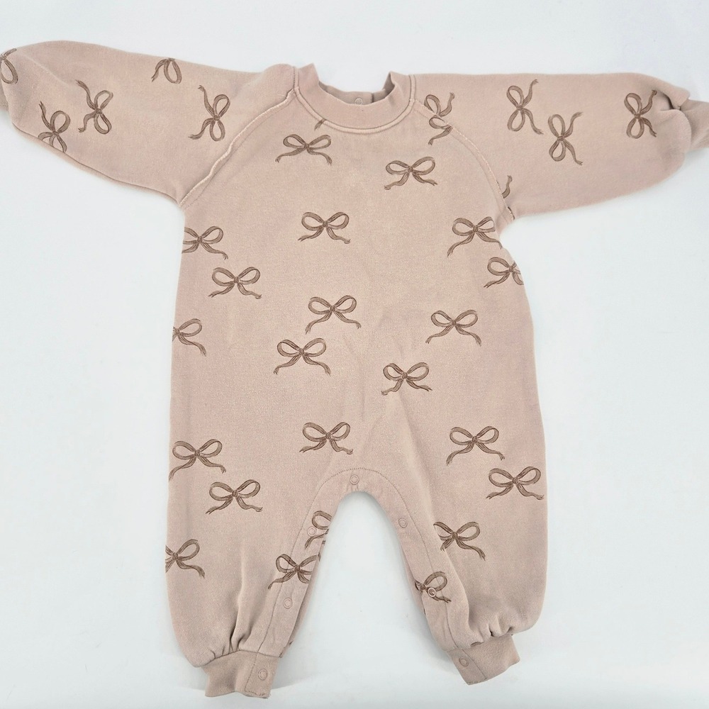 Rylee + Cru Bows One-Piece Fleece Jumpsuit Romper Oatmeal Pink Girl 6-12M VGUC